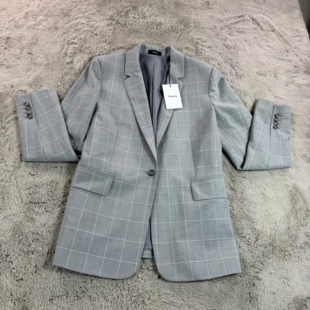 NWT Theory Essential Jacket Cyrus Grid Grey Wool Women Blazer Sz 10 Career $395